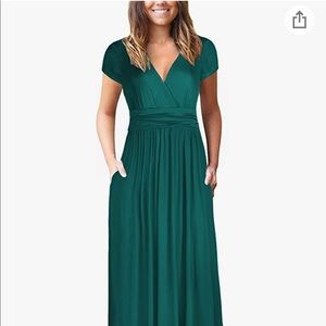 OUGES Womens Short Sleeve V-Neck Wrap Waist Maxi Dress Green, Medium